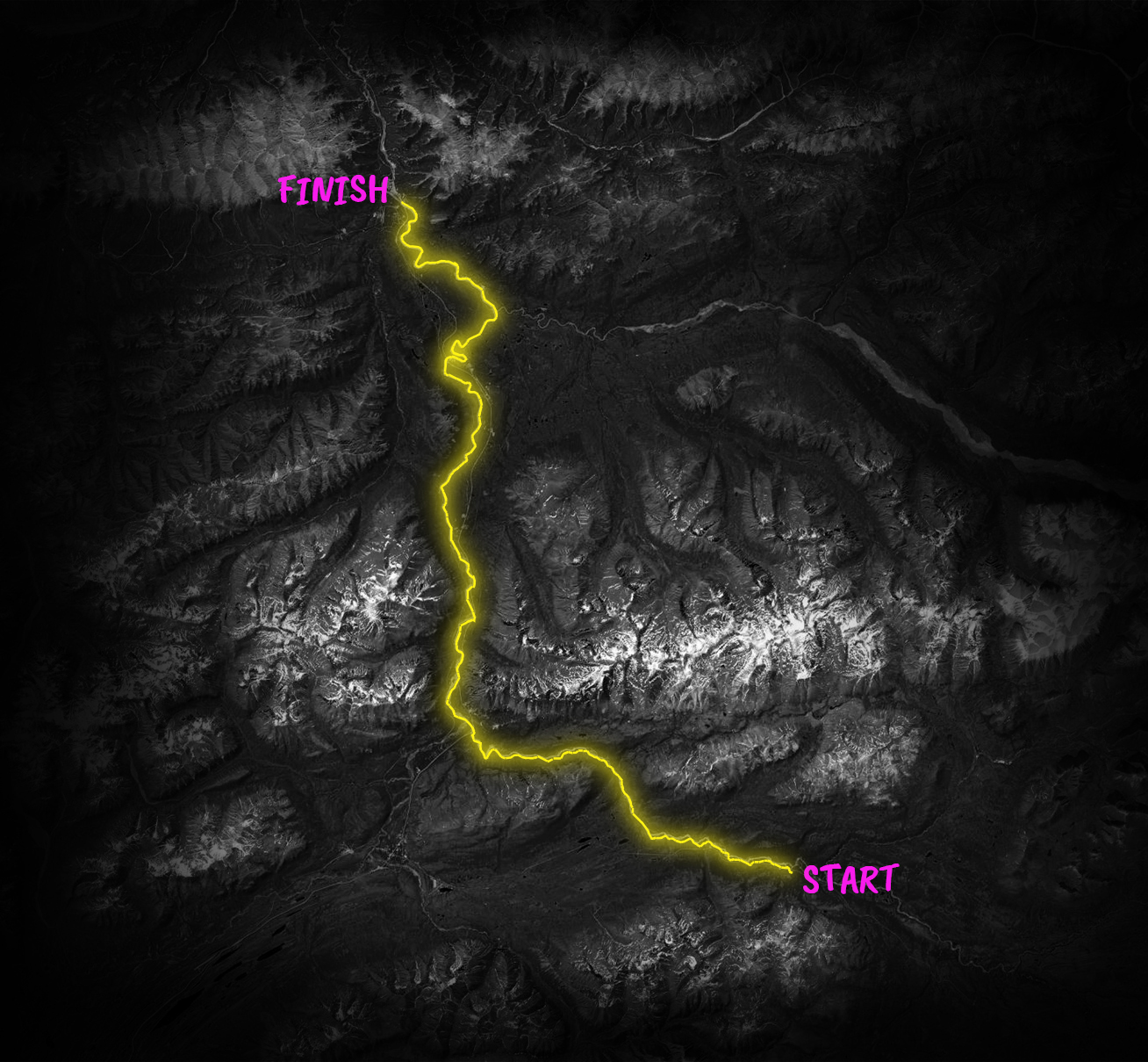 Map of the Gnarnana 50 race route with black and white satellite imagery and the route in bright yellow with a neon glow effect